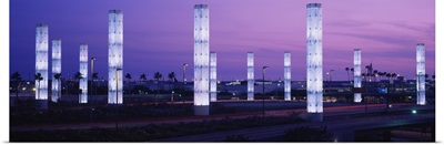 Light sculptures lit up at night, LAX Airport, Los Angeles, California