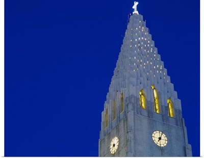 Low angle view of a clock tower of a church, Hallgrimskirkja, Reykjavik, Iceland
