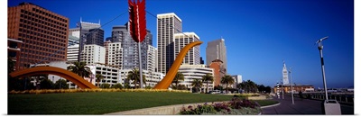 Low angle view of a sculpture in front of buildings, San Francisco, California