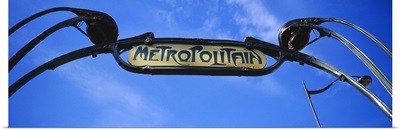 Low angle view of a signboard of a subway station, Paris, France