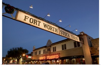 Low angle view of a signboard over a street, Fort Worth Stockyards, Fort Worth, Texas