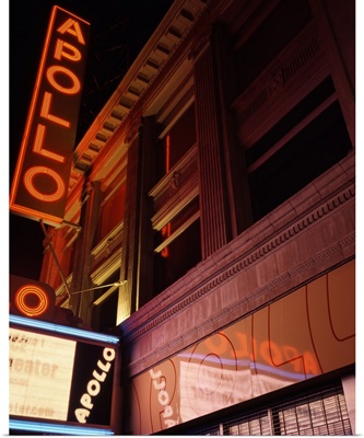 Low angle view of a theatre lit up at night, Apollo Theater, Harlem, Manhattan, New York City, New York State