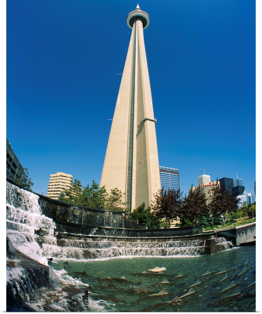 Low angle view of a tower, CN Tower, Salmon Fountain, Toronto, Ontario, Canada
