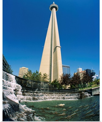 Low angle view of a tower, CN Tower, Salmon Fountain, Toronto, Ontario, Canada