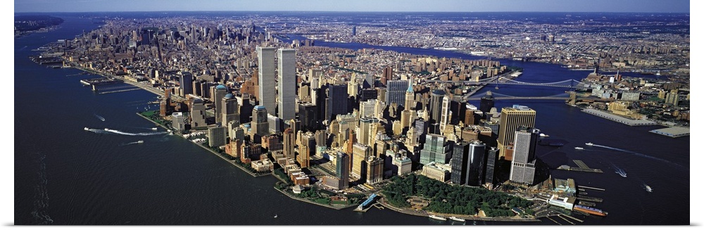Panoramic, aerial photograph of New York City, including the World Trade Center.