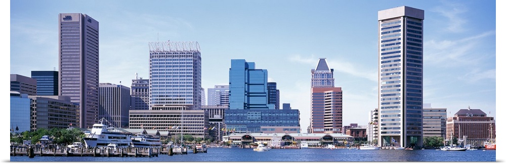 Buildings that sit on the inner harbor in Baltimore are photographed with a wide angle lens.