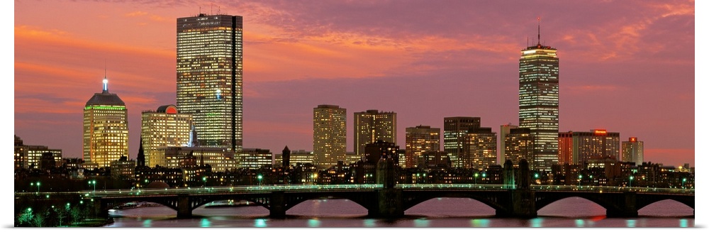 Large horizontal wall picture of the Boston city skyline at dusk with the Charles River Bridge in the foreground.