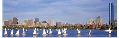 Massachusetts, Boston, Charles River, View of boats on a river by a city