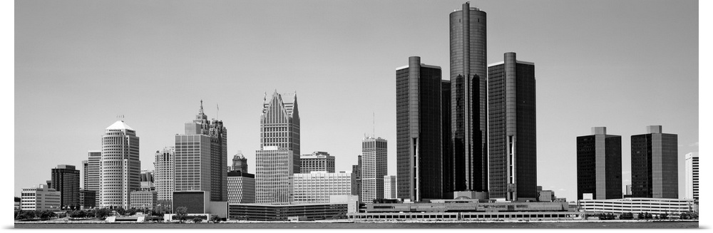 Panoramic view of skyscrapers in Detroit, Michigan.