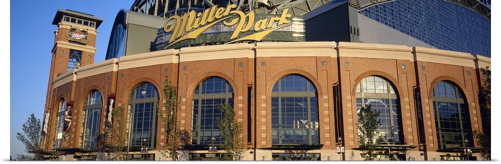 A large panoramic view of the front entrance to the Milwaukee Brewers stadium.