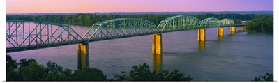 Missouri, High angle view of railroad track bridge Route 54 over Mississippi River