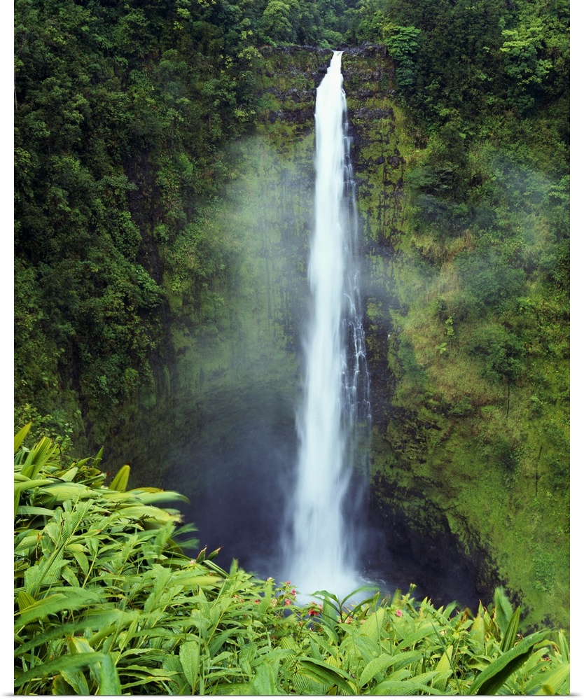 Big canvas photo art of a narrow waterfall cascading down a cliff in Hawaii.