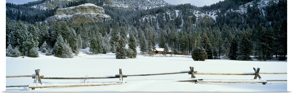 Montana, fence, cabin, snow, winter