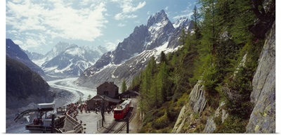 Montenvers Train at railroad station near a glacier Mer de Glace Grandes Jorasses Haute Savoie Rhone Alpes France