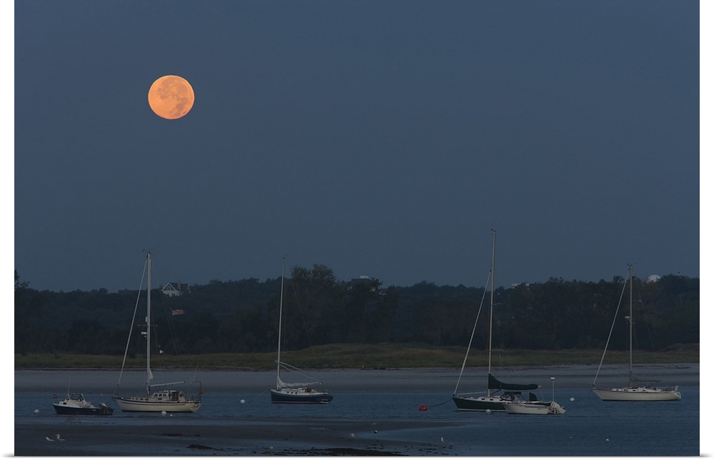 Moonset over a river, Annisquam River, Annisquam, Gloucester, Cape Ann, Massachusetts, USA