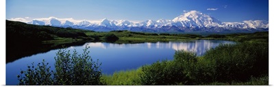 Mount McKinley and Alaska Range, lake reflection, green hills, Denali National Park, Alaska