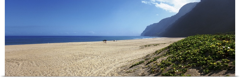 Panoramic image of a beach with mountains on the right and an ocean in the distance.
