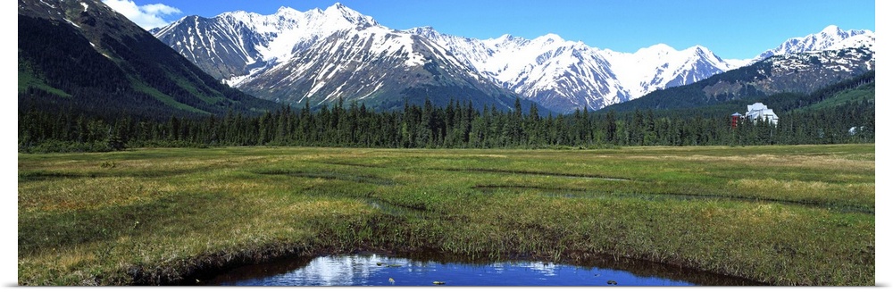 Mountain scene with lake, distant hotel, Moose Meadow, Alaska