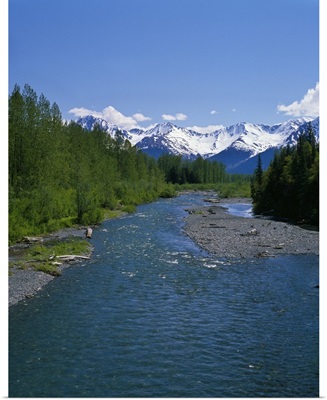 Mountain stream, snowy Chugach Mountains, summer, Alaska
