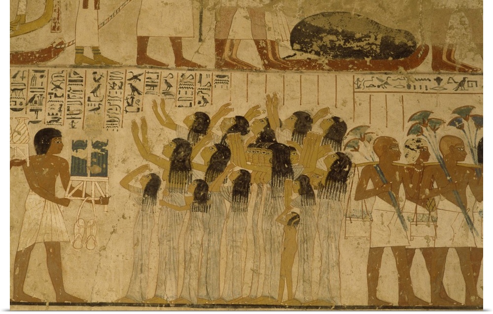 Horizontal, large wall picture of an Egyptian mural displaying the practices and rituals held during a funeral, in the Tom...