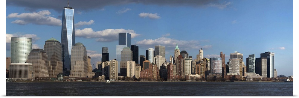 Panoramic view of New York City Skyline on water featuring One World Trade Center (1WTC), Freedom Tower, New York City, Ne...
