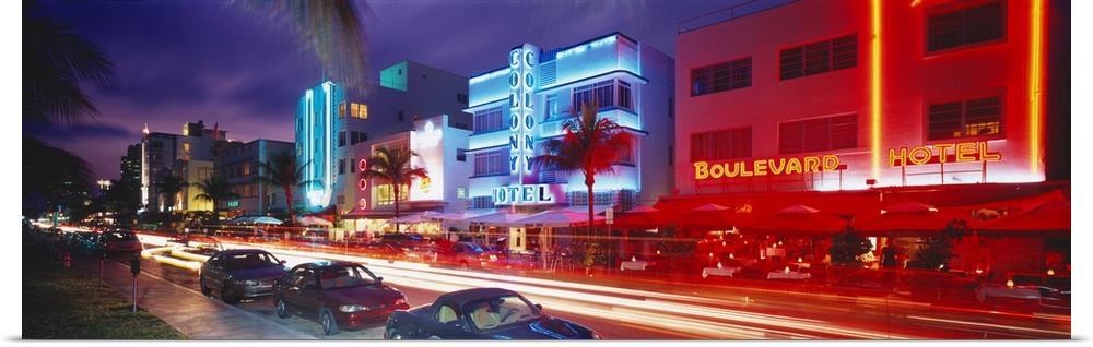Long horizontal photo print of a busy and lit up street in Miami.
