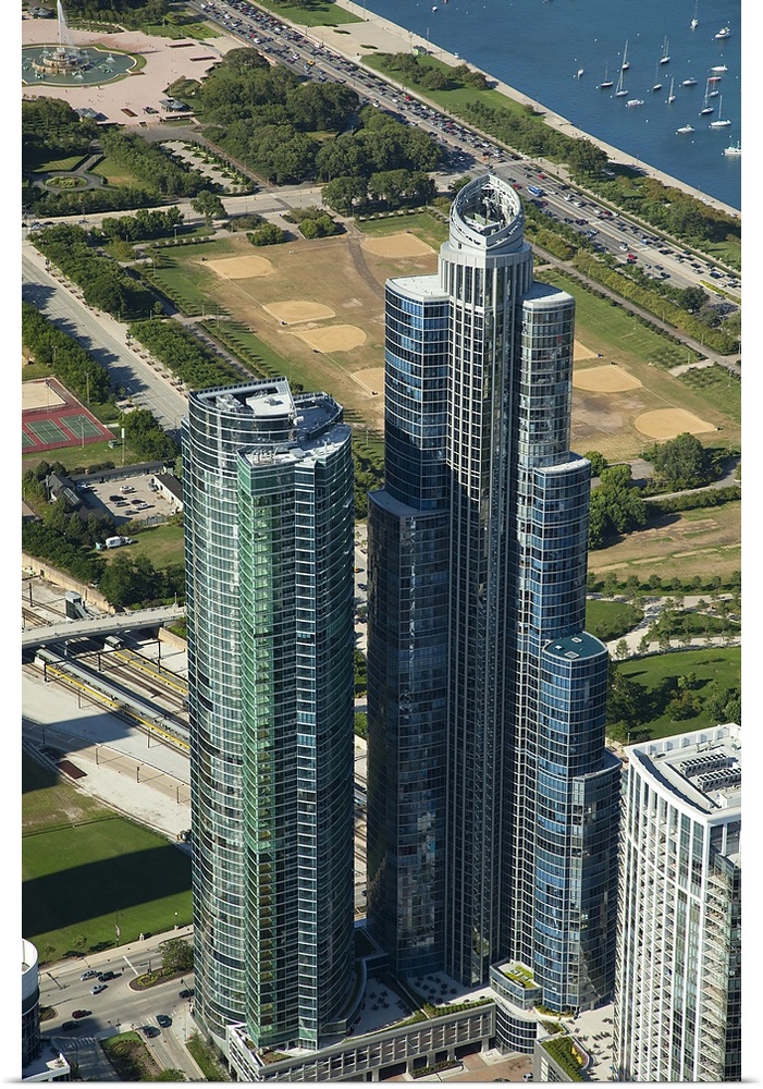 High angle view of skyscrapers, One Museum Park, Lake Michigan, Chicago, Cook County, Illinois, USA