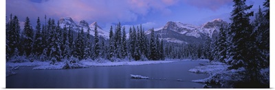 Panoramic view of snowcapped trees and mountains, Bow Valley, Alberta, Canada