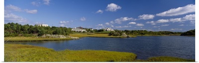Panoramic view of water and grass field, Ocean Drive, Newport, Rhode Island