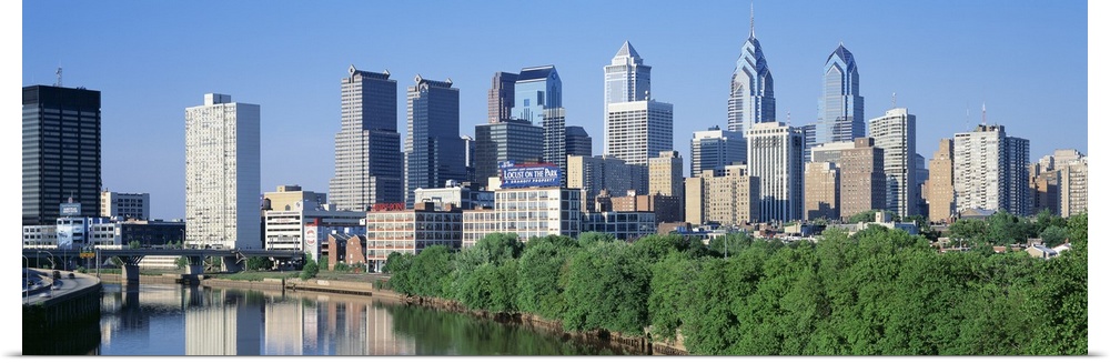 Panoramic photograph taken of downtown Philadelphia on a sunny day.