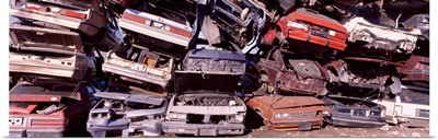 Pile of demolished cars at a junkyard, Vancouver, British Columbia, Canada