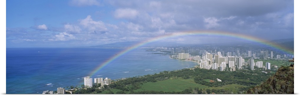 Rainbow over a city, Waikiki, Honolulu, Oahu, Hawaii