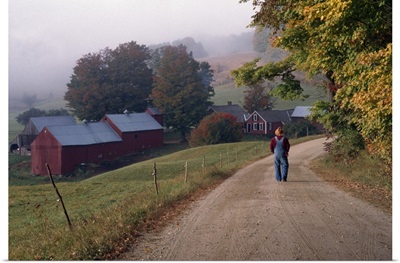 Rear view of person walking down road towards farm, autumn color, Vermont