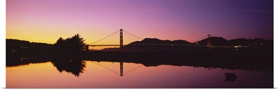 Reflection Of A Suspension Bridge On Water, Golden Gate Bridge, San Francisco, California