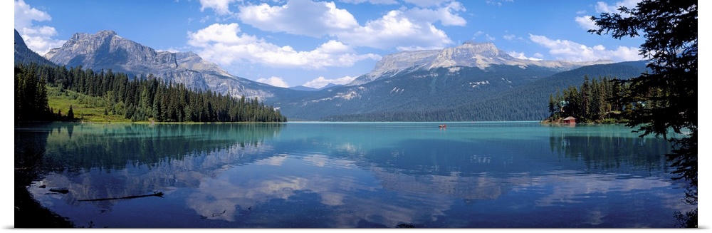 Reflection of mountain on water, Emerald Lake, Yoho National Park, British Columbia, Canada.