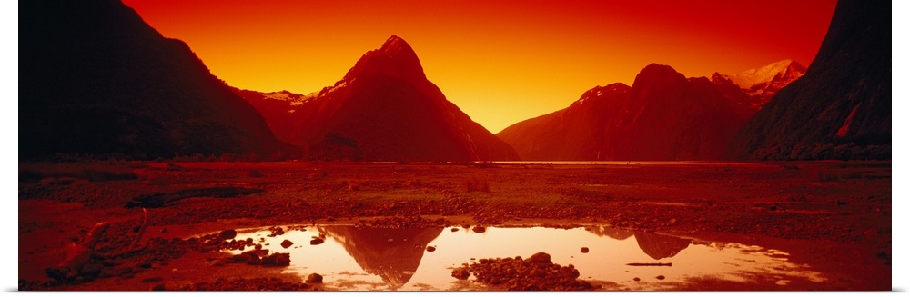 Reflection of mountains in a lake, Mitre Peak, Milford Sound, Fiordland National Park, South Island, New Zealand