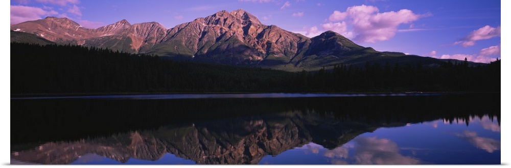Reflection of mountains in a lake, Pyramid Lake, Jasper National Park, Alberta, Canada
