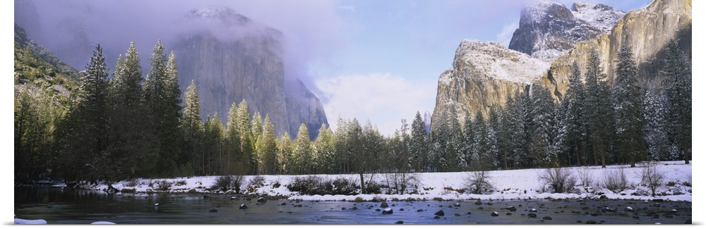 River through a snow covered landscape, El Capitan, Californian Sierra Nevada, Cathedral Rocks, Merced River, Yosemite Nat...