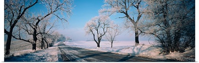 Road passing through winter fields, Illinois,