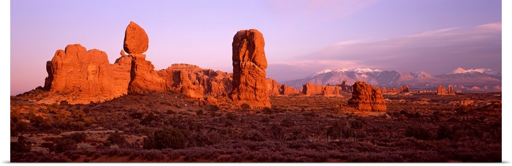 Rock formations on a landscape, Balanced Rock, Arches National Park, Utah