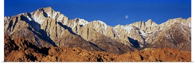 Rock formations on a mountain range, Moonset over Mt Whitney, Lone Pine, California