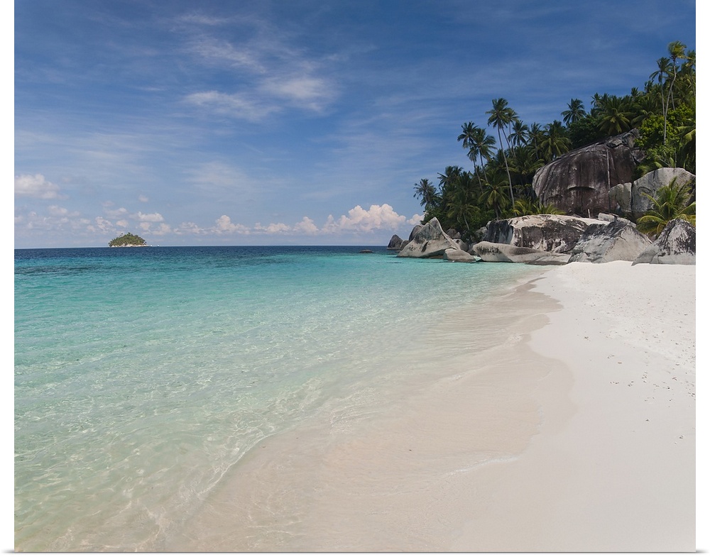 Square photograph on a big canvas looking down the shoreline of clear blue water and white sands on Pulau Dayang Beach,  a...