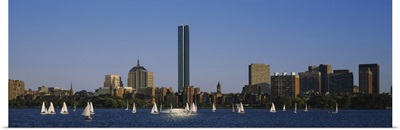 Sailboats in a river with buildings in the background, Charles River, John Hancock Tower, Boston, Massachusetts