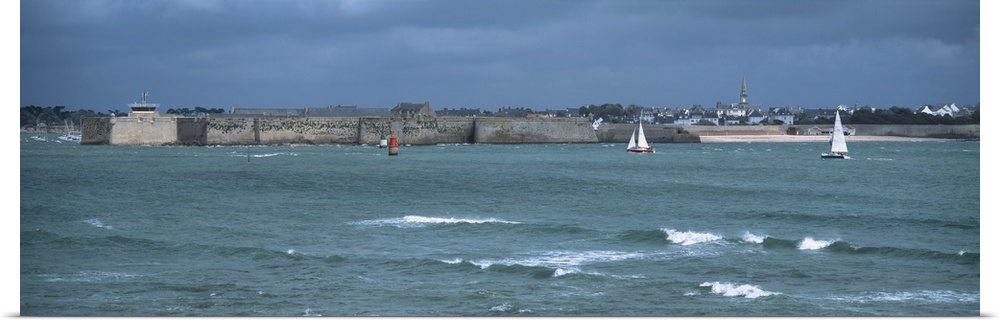 Sailboats in front of citadel, Vauban Citadel, Port-Louis, Morbihan, Brittany, France