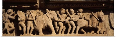 Sculptures on the wall of a temple, Khajuraho Temple, Khajuraho, Chhatarpur District, Madhya Pradesh, India