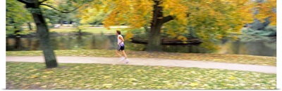 Side profile of a person jogging in a park, Vondelpark, Amsterdam, Netherlands
