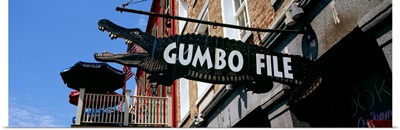 Signboard outside of a restaurant, Gumbo File restaurant, French Market, French Quarter, New Orleans, Louisiana,