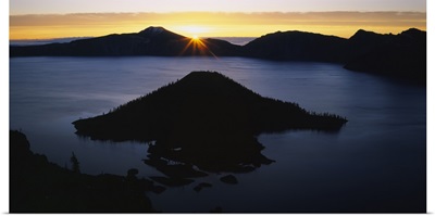 Silhouette of an island in a lake, Wizard Island, Crater Lake, Crater Lake National Park, Oregon