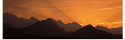 Silhouette of mountains at sunset, European Alps, Bavaria, Germany