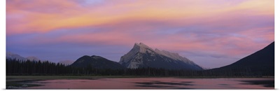 Silhouette of mountains on a landscape, Mount Rundle, Vermillion Lake, Banff, Alberta, Canada.